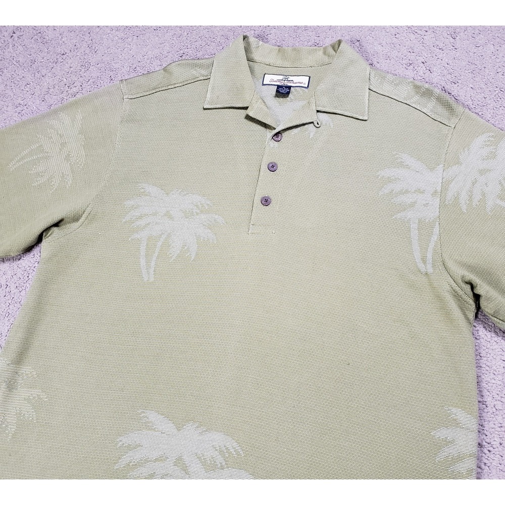Tommy Bahama Mens Silk Cotton Polo Shirt M Green Jacquard Palm Trees Loop Collar